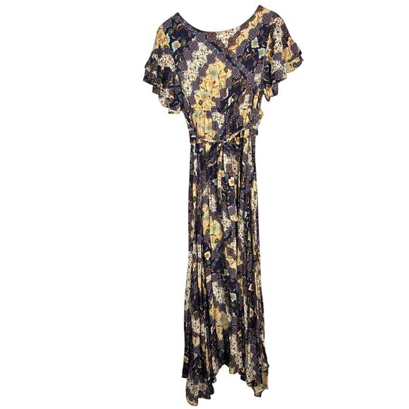 Abel The Label Boho Patchwork Maxi Dress Sz S Flutter Sleeve Wrap Look Rayon - Picture 8 of 16